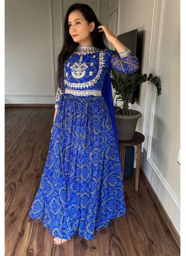 Bandhej  Blue Party Wear Embroidery Work Readymade Gown